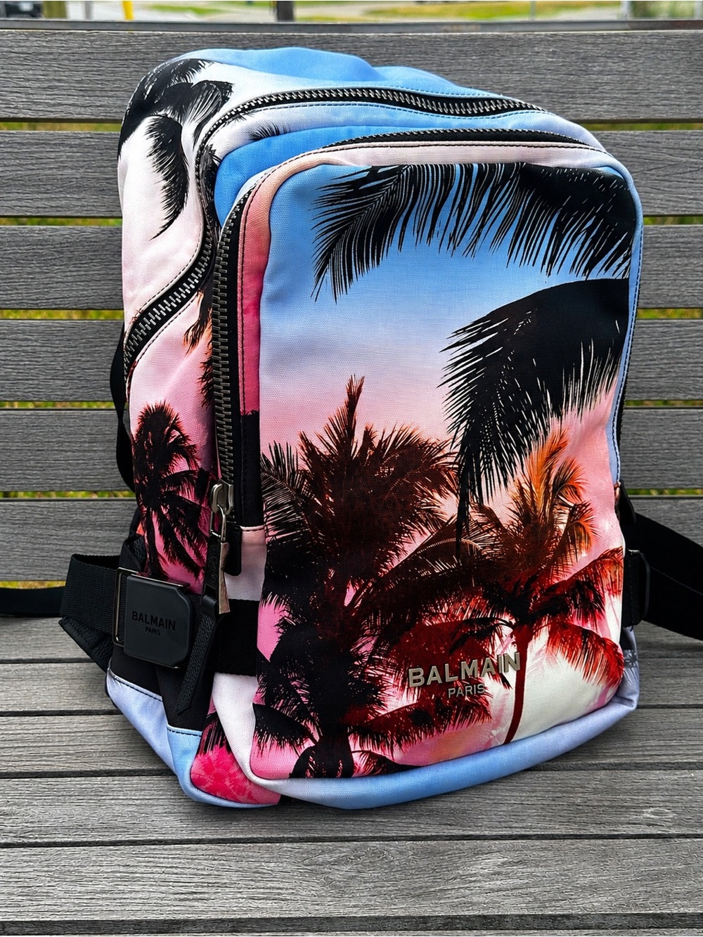 Balmain Men's Backpack in Pink Blue Sunset Palm Print (super rare bag)
